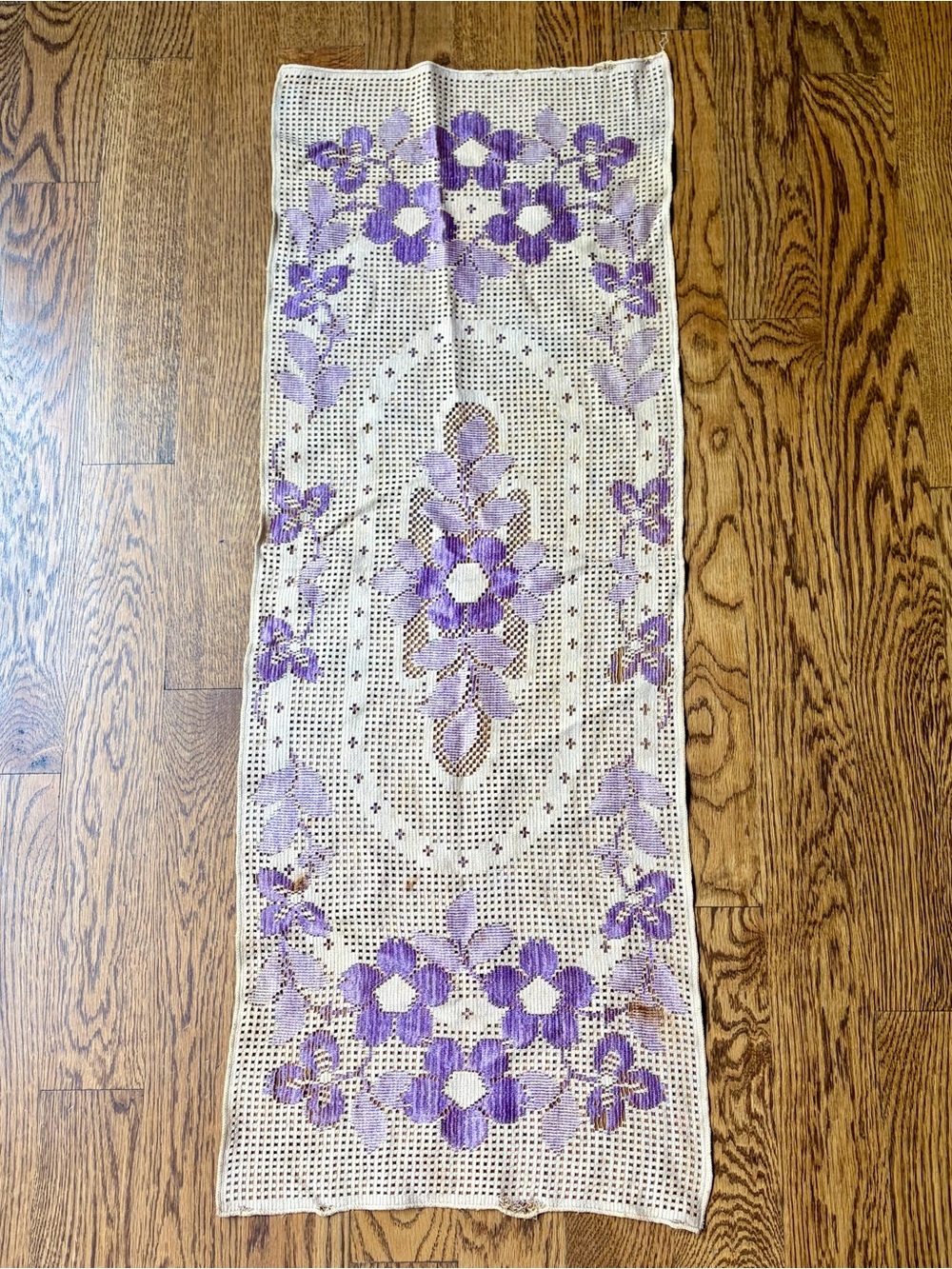 Vintage Handmade Crochet Runner with Lavender Floral Design